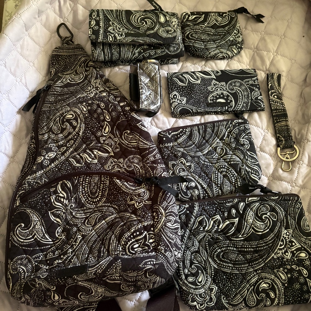 Vera Bradley 8piece Black & White Stellar Paisley Sling Backpack
